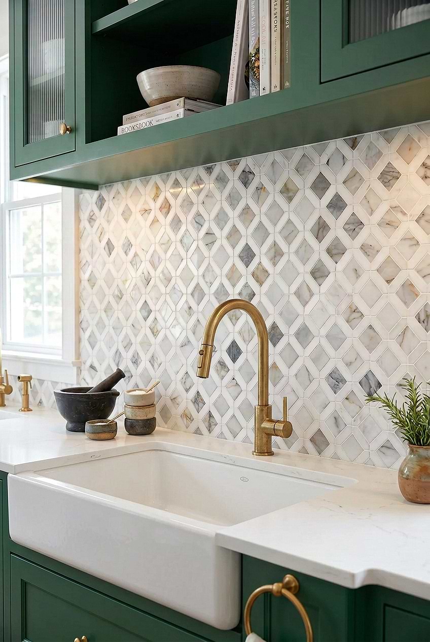 Marble Diamond Backsplash Green Cabinets BA6313