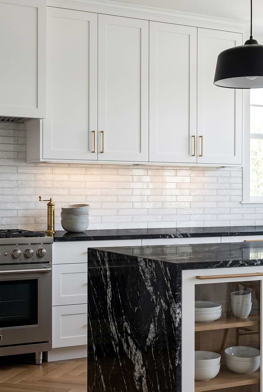 Milky White Glass Subway Tile with Black Countertop BA6707