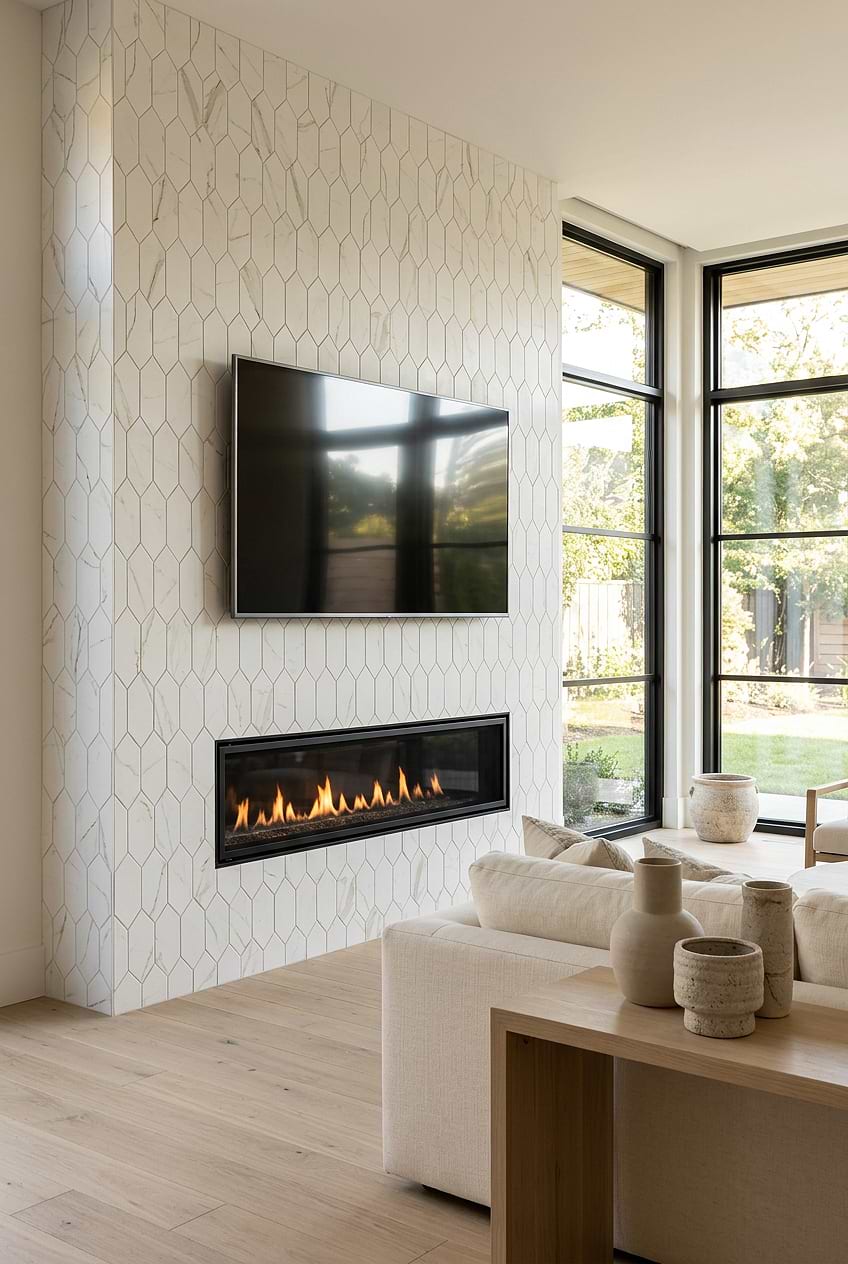 Moder Fireplace Design Calacatta Gold Glass Picket Mosaic Tile BA6702 Moder Fireplace Design Calacatta Gold Glass Picket Mosaic Tile BA6702