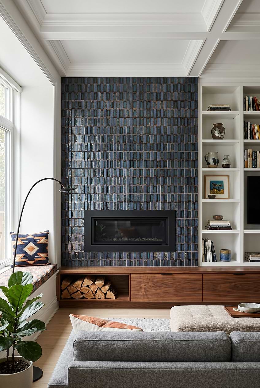 Modern Fireplace Rustic Blue Glass Vertical Mosaic Tile BA6204 Modern Fireplace Rustic Blue Glass Vertical Mosaic Tile BA6204
