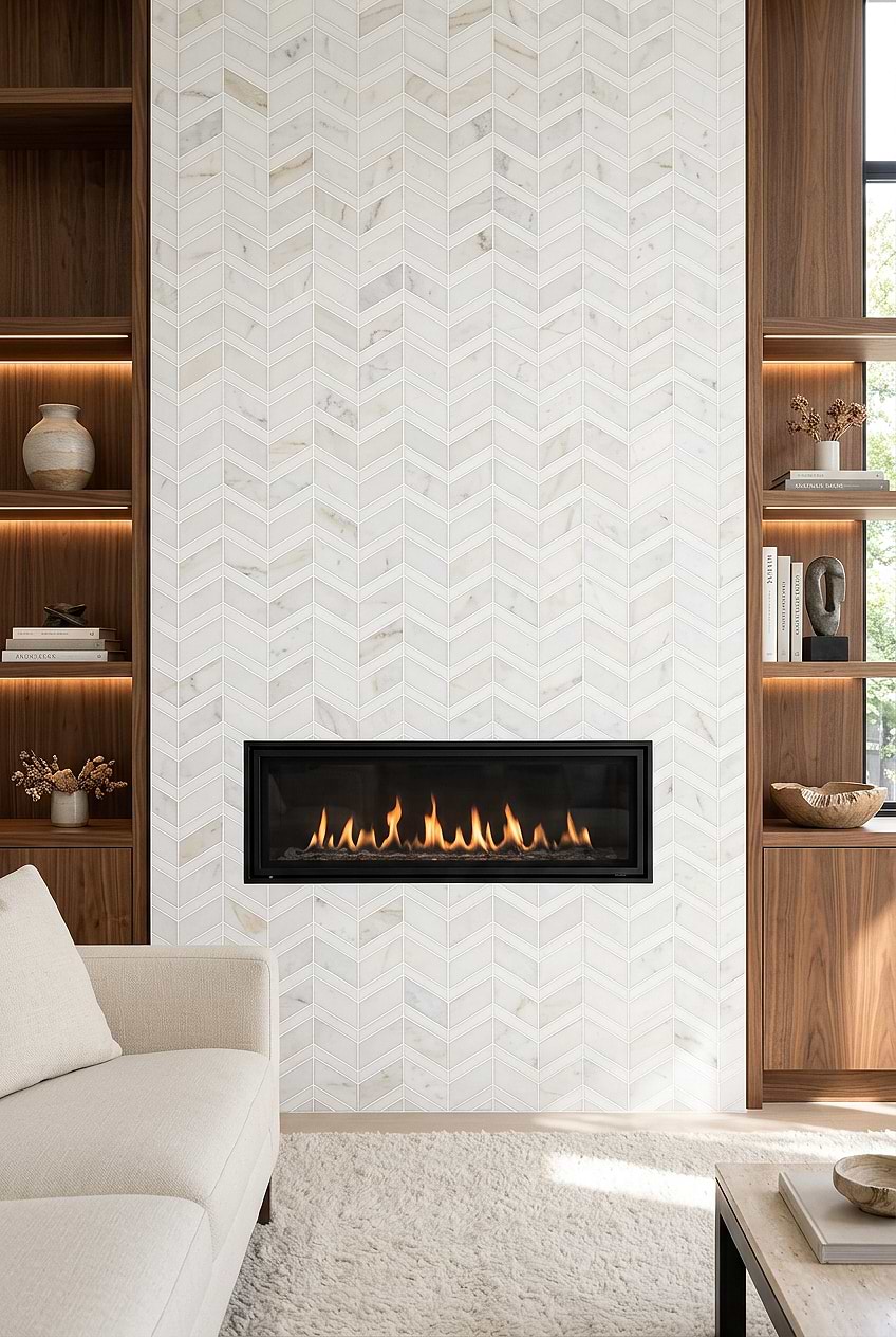 Modern Fireplaces White Gray Gold Marble Chevron Tile BA6311 Modern Fireplaces White Gray Gold Marble Chevron Tile BA6311