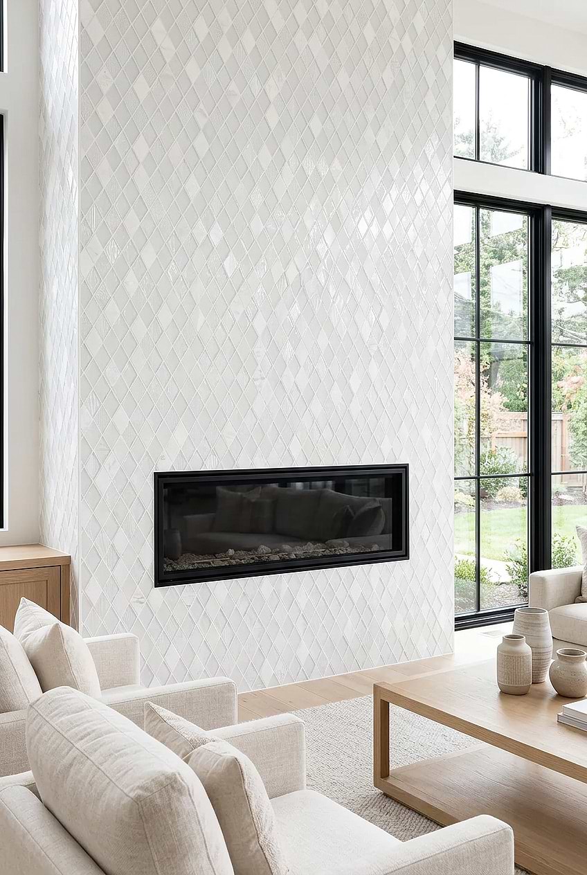 Modern Fireplaces White Shell Glass Marble Rhomboid Tile BA62046 Modern Fireplaces White Shell Glass Marble Rhomboid Tile BA62046