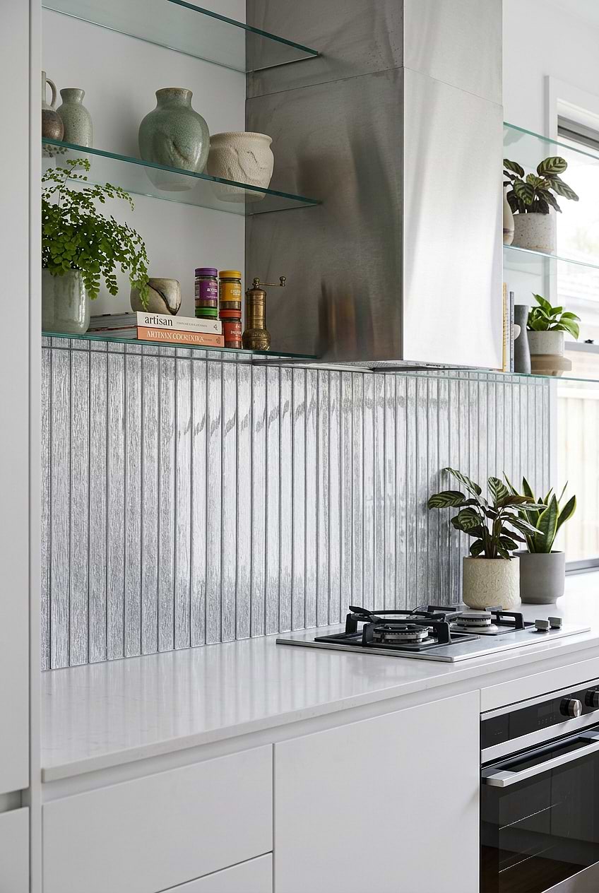 Modern Kitchen Ideas Shimmery White Glass Vertical Tile BA8022