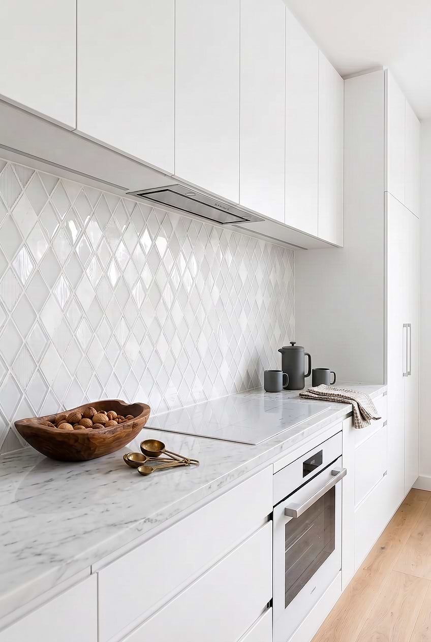 Modern White Kitchen Ideas Diamond Shell Glass Marble Tile BA62046