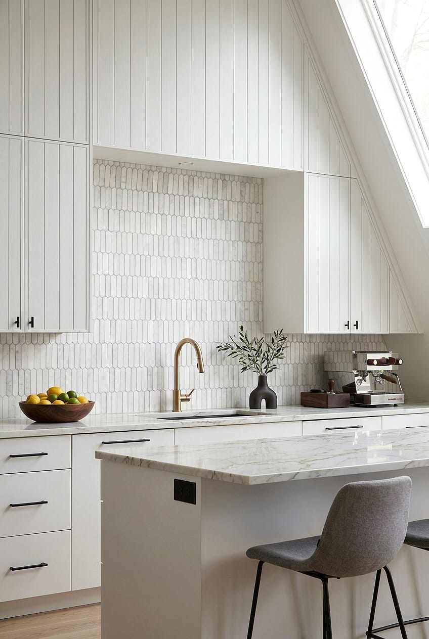 Modern White Kitchen Ideas Marble Picket Tile BA6321