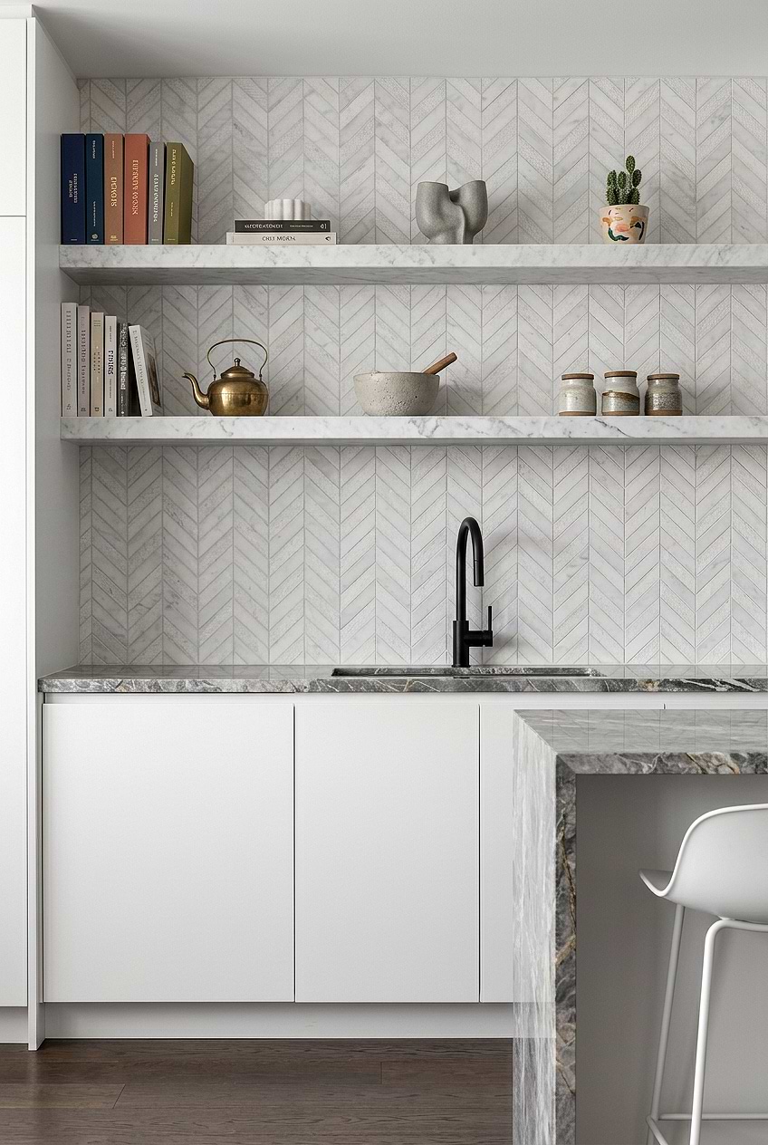 Modern White Kitchen Ideas Textured Marble Chevron Tile BA631613