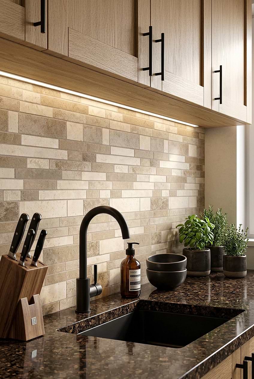 Multicolor Beige Travertine Subway Mosaic Backsplash BA1024