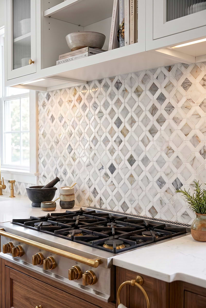 Multicolor Marble Diamond Geometric Kitchen Tile BA6313
