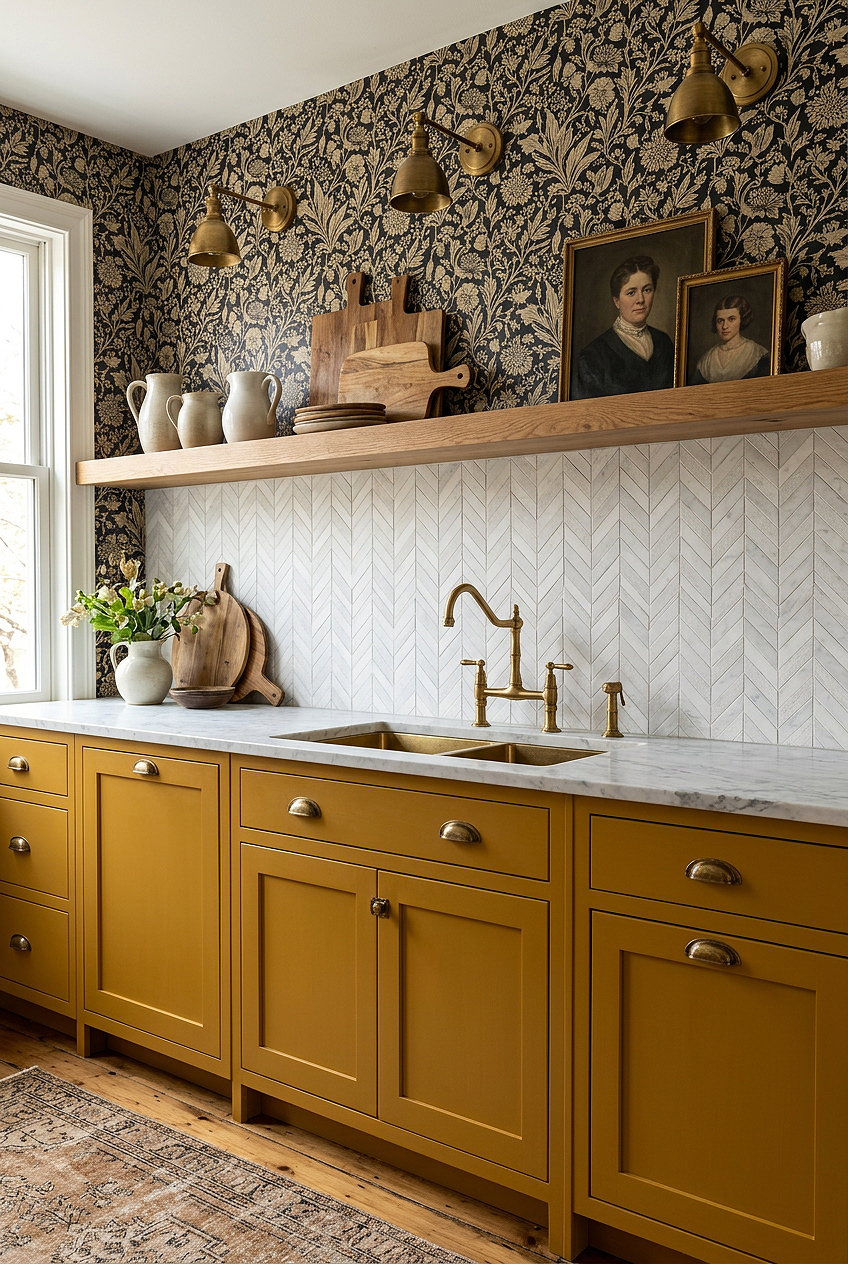 Mustard Cabinets White Marble Chevron Tile BA631613