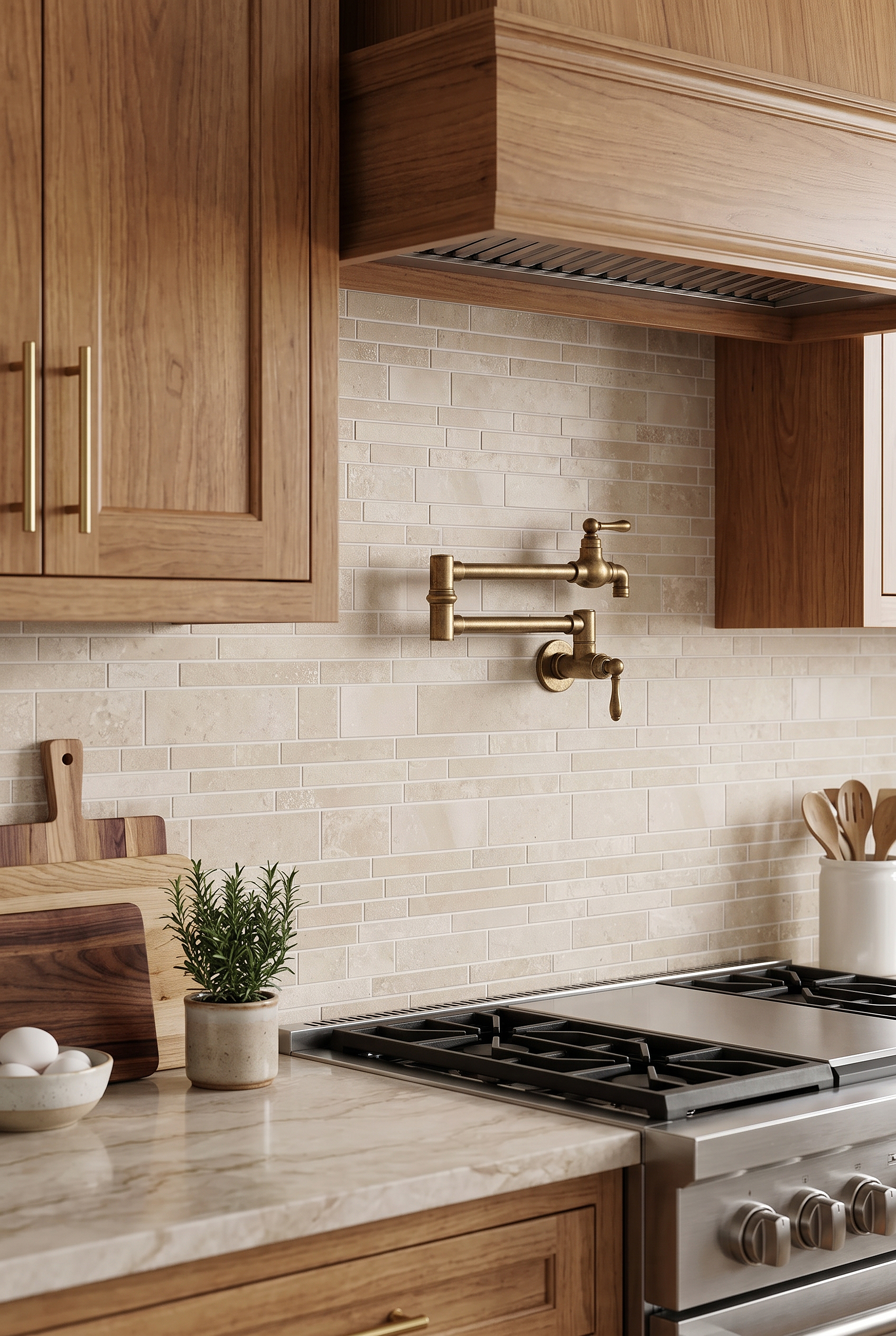 Natural Wood Cabinets Light Ivory Travertine Backsplash Tile BA1092 Natural Wood Cabinets Light Ivory Travertine Backsplash Tile BA1092
