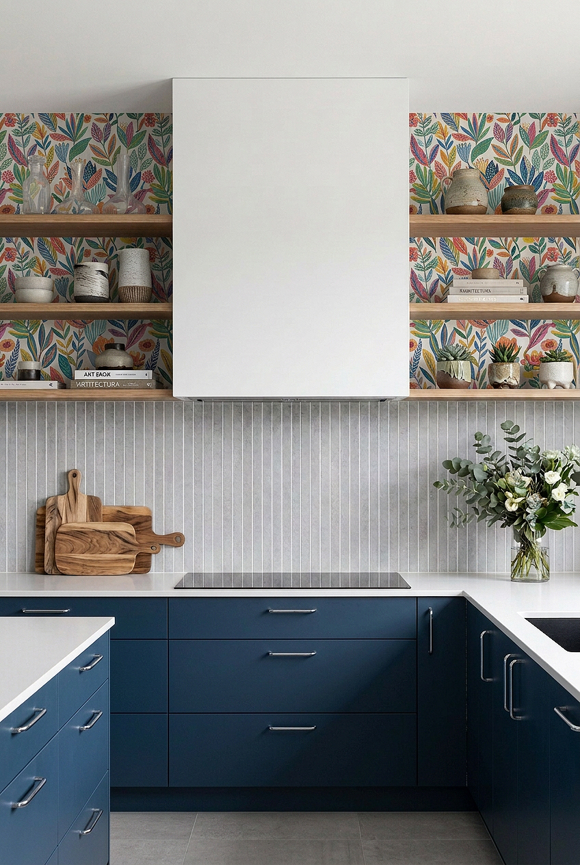 Navy Cabinets with Gray Porcelain Vertical Mosaic Tile BA4503
