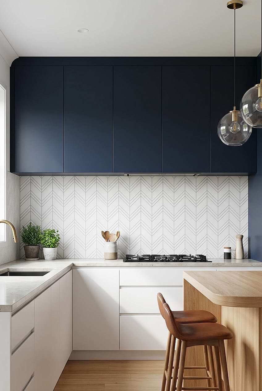 Navy Kitchen White Chevron Marble Backsplash Tile BA6301