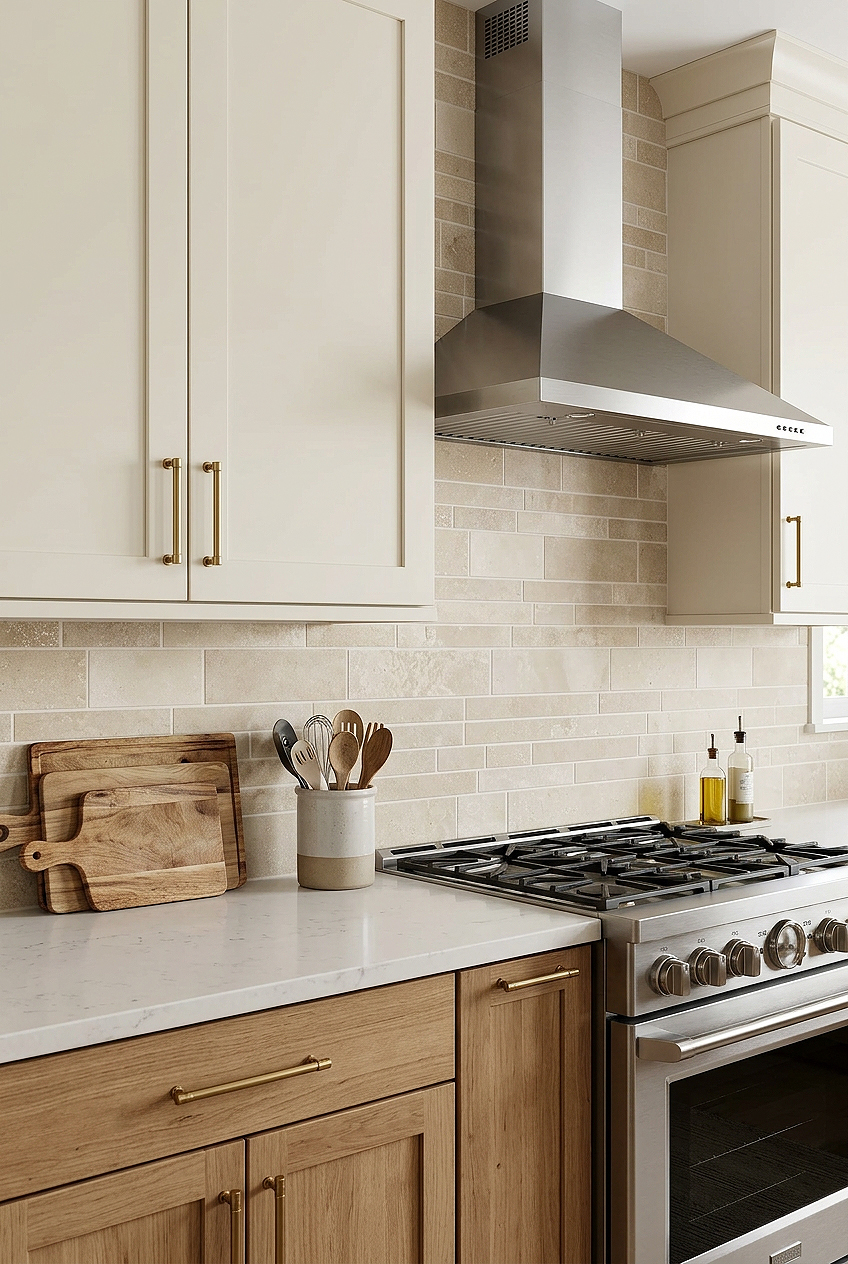 Oak Cabinets Light Ivory Travertine Backsplash Tile BA1092 Oak Cabinets Light Ivory Travertine Backsplash Tile BA1092