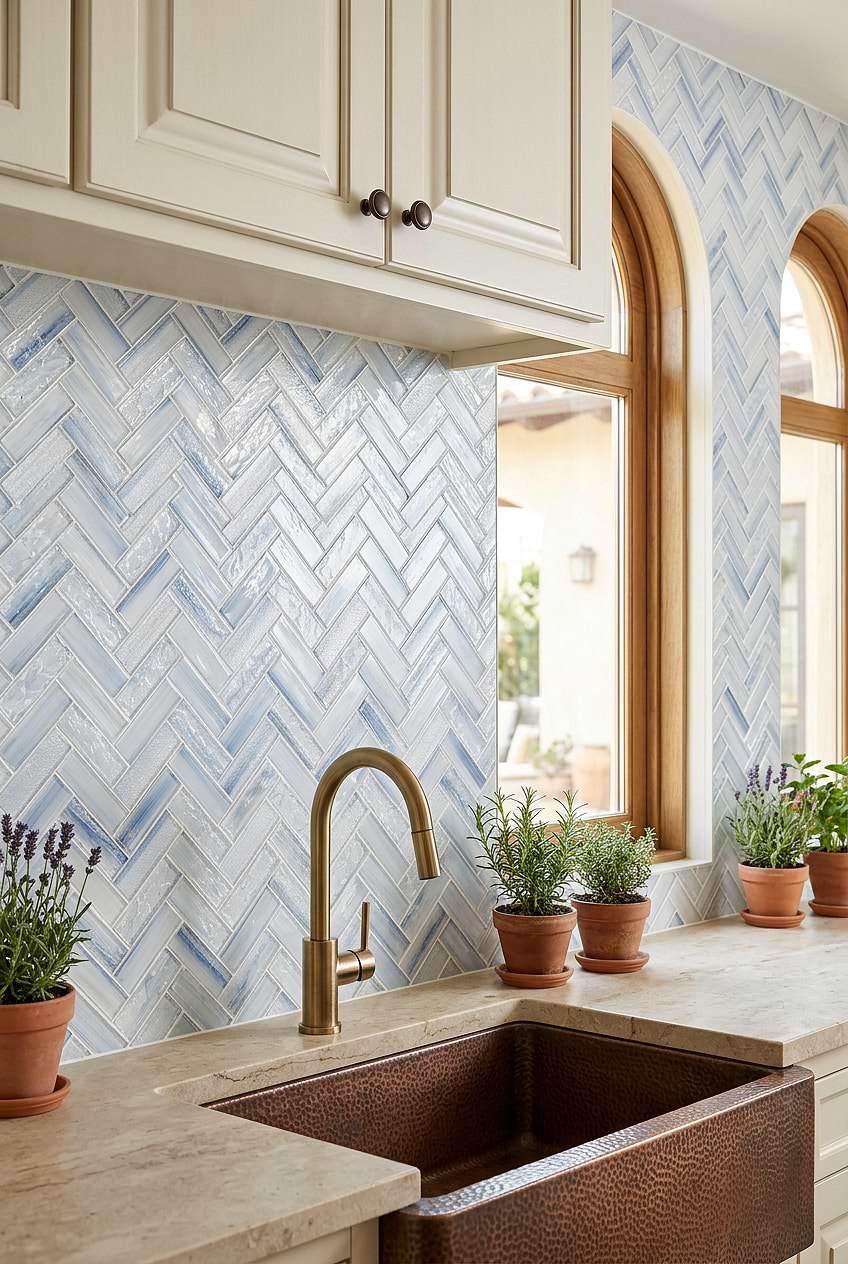 Ocean Blue Glass Herringbone Kitchen Backsplash Tile BA5507 LOT C