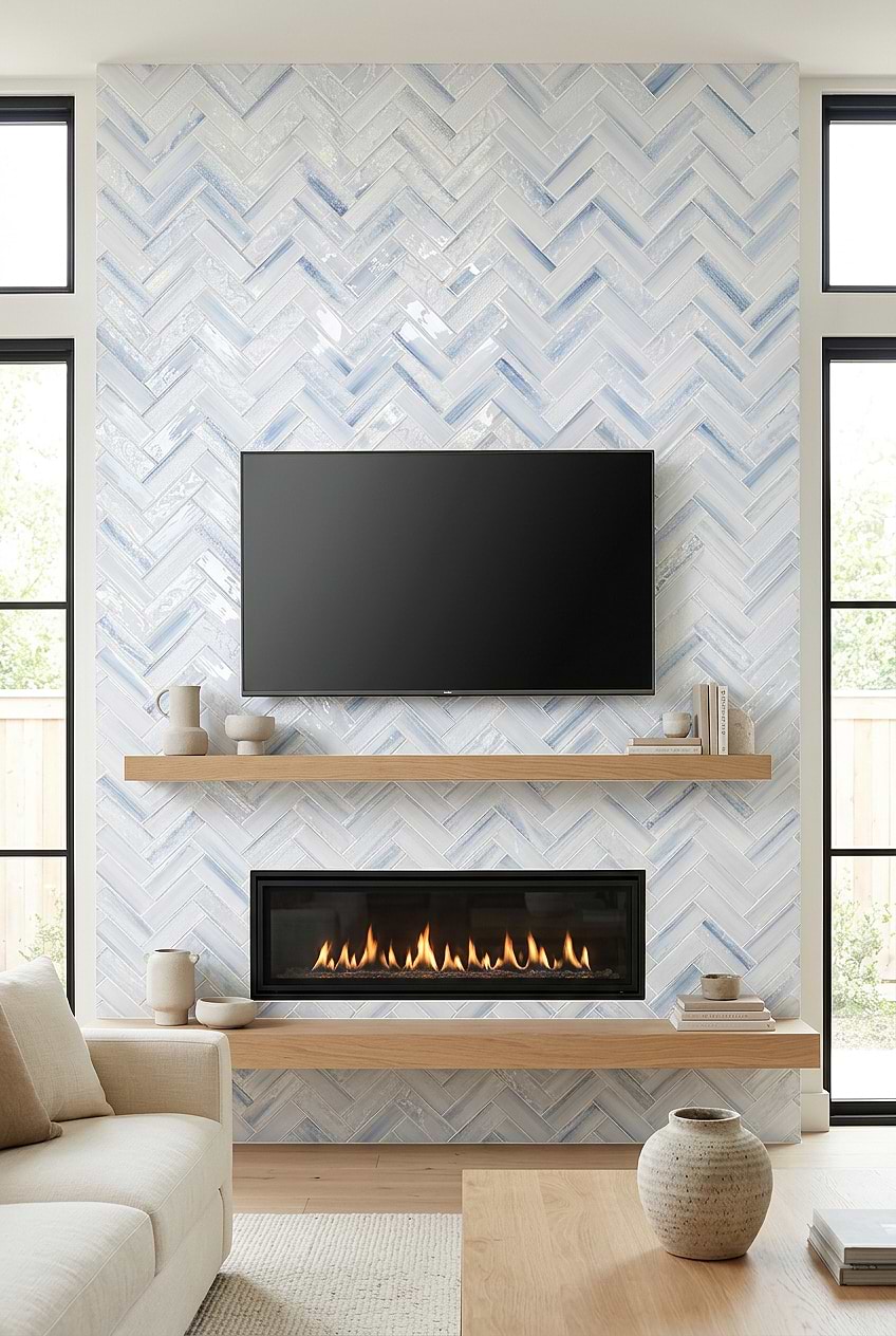 Ocean Blue Glass Herringbone Living Room Wall Tile BA5507 LOT C Ocean Blue Glass Herringbone Living Room Wall Tile BA5507 LOT C