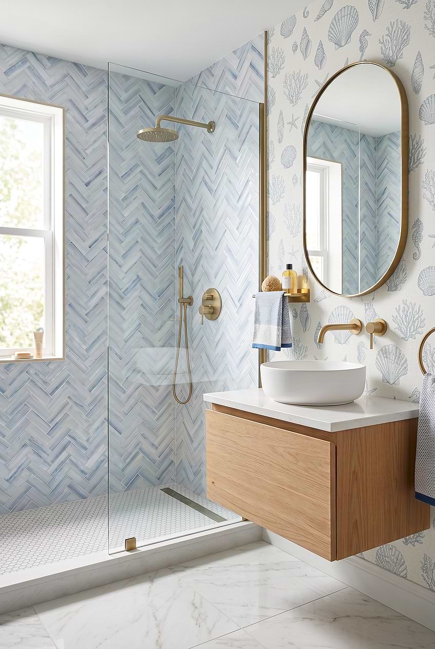 Ocean Blue Glass Herringbone Shower Tile BA5507 LOT C
