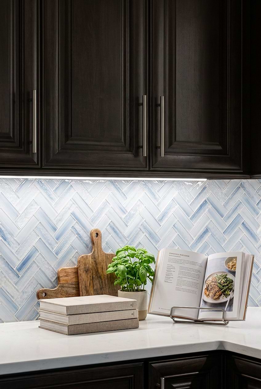 Ocean Blue Herringbone Tile Dark Cabinets BA5507 LOT C