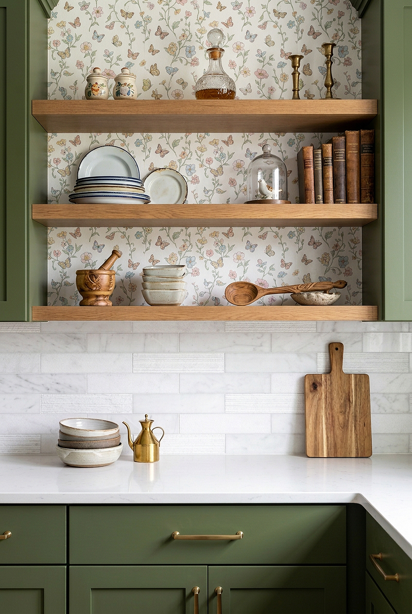 Olive Green Cabinets White Marble Subway Tile BA8035