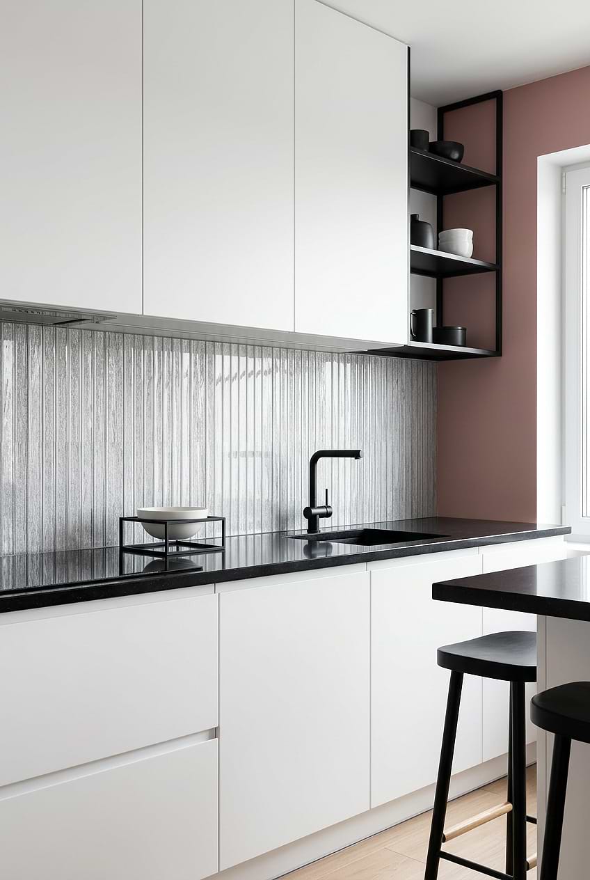 One Wall Kitchen Ideas with Shimmery Glass Tile BA8022