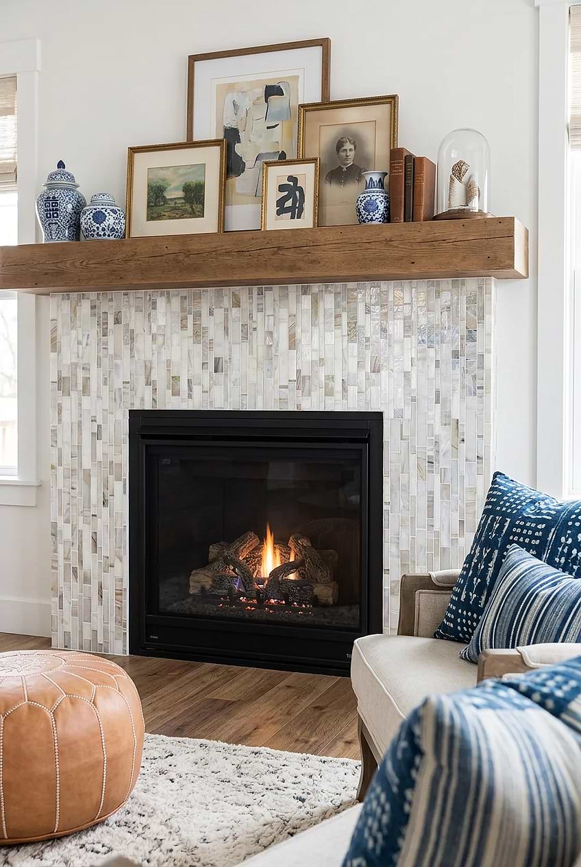 Opal Beige Glass Linear Mosaic Fireplace Tile BA7015 Opal Beige Glass Linear Mosaic Fireplace Tile BA7015