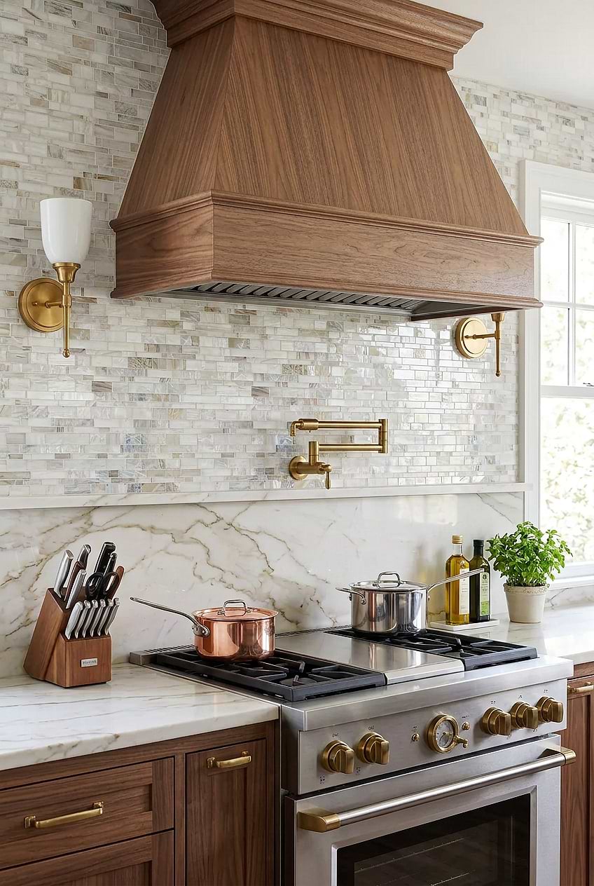 Opal Beige Glass Mosaic Tile Walnut Cabinets BA7015