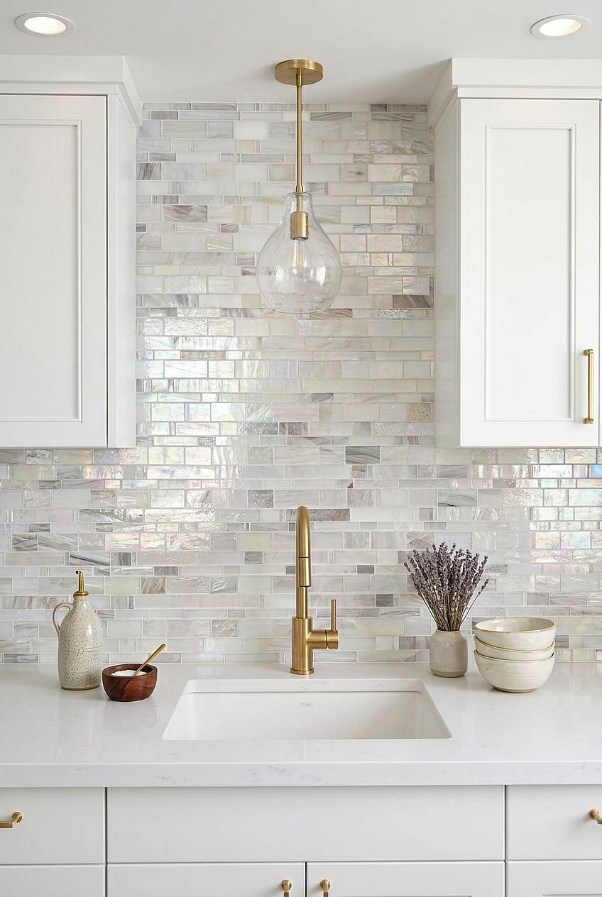 Opal Beige Iridescent Glass Mosaic Backsplash Tile BA7015