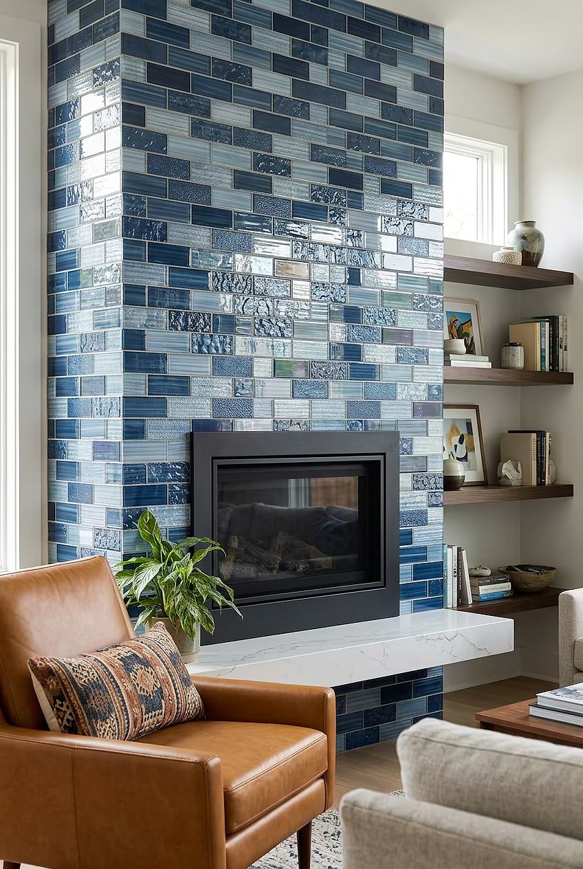 Pacific Blue Glass Subway Mosaic Fireplace Tile BA5530 Pacific Blue Glass Subway Mosaic Fireplace Tile BA5530