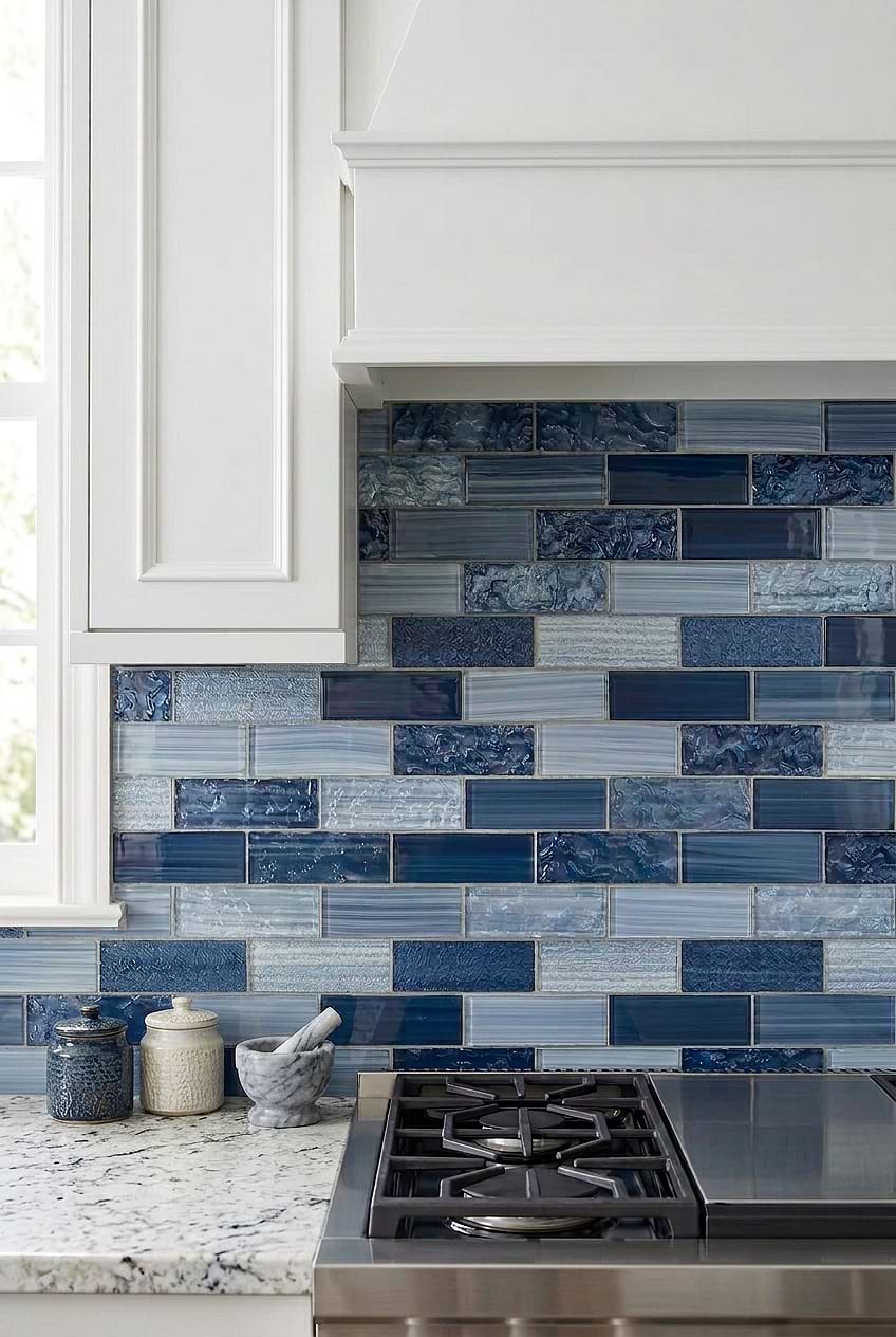 Pacific Blue Textured Glass Subway Backsplash BA5530