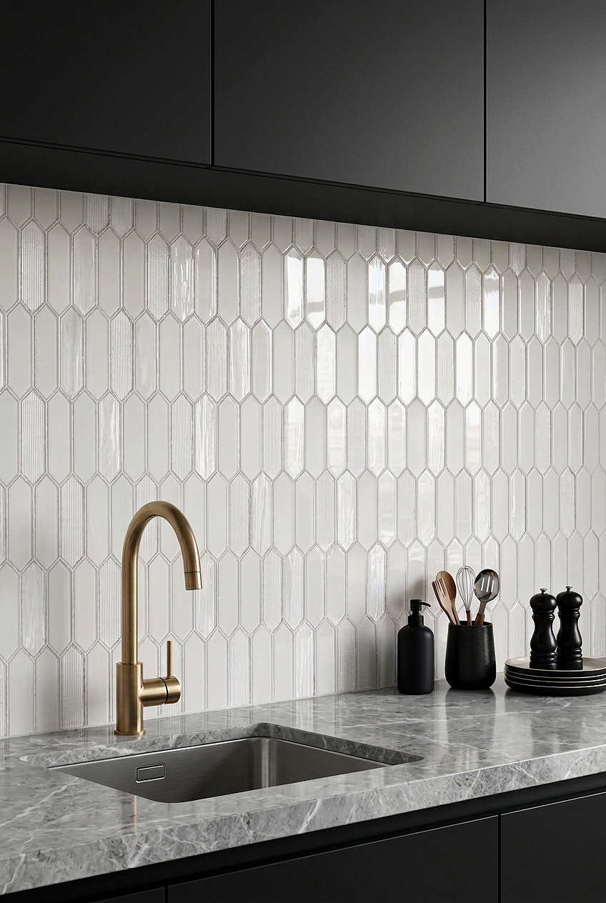 Pearl White Glass Picket Kitchen Backsplash BA6701