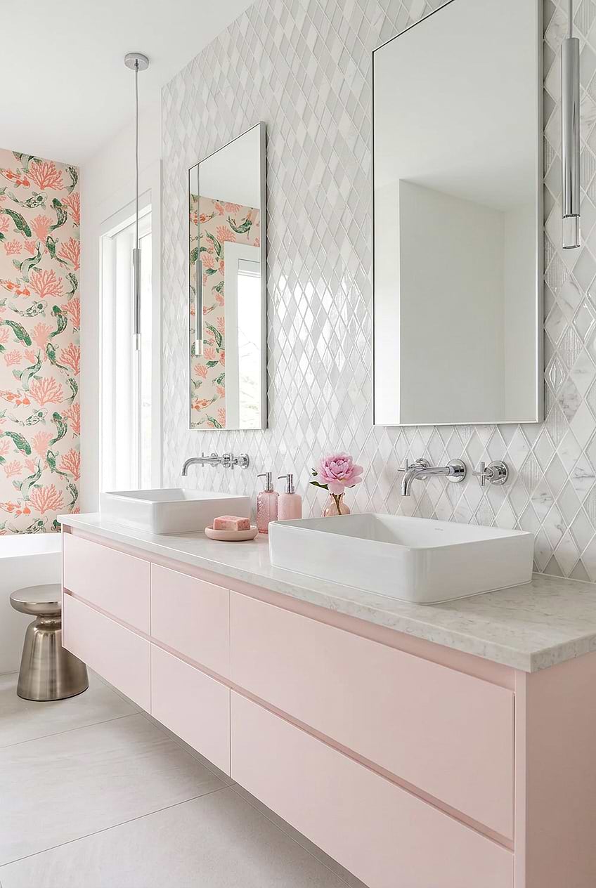 Pink Bathroom Ideas White Glass Rhomboid Tile BA62046