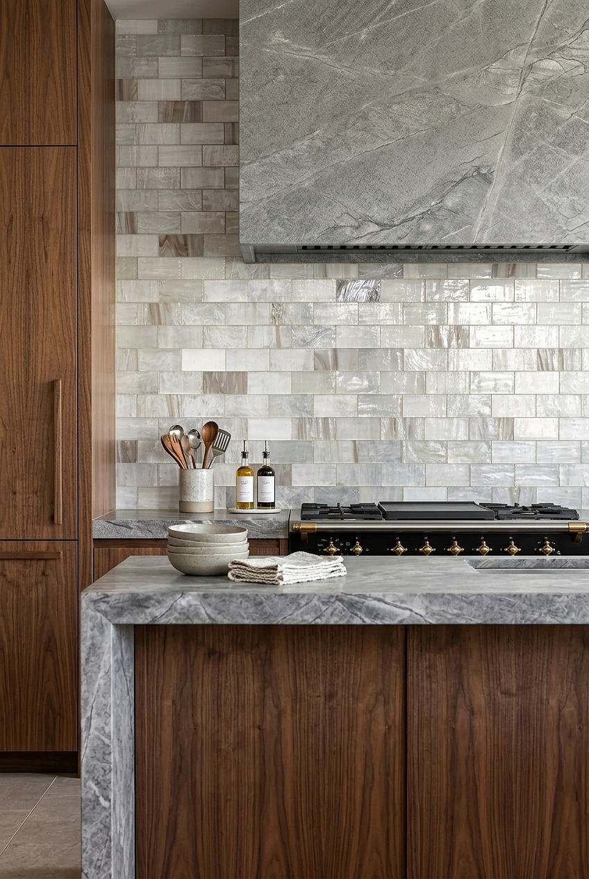 Range Hood Ideas with Opal Beige Glass Subway Tile BA7015