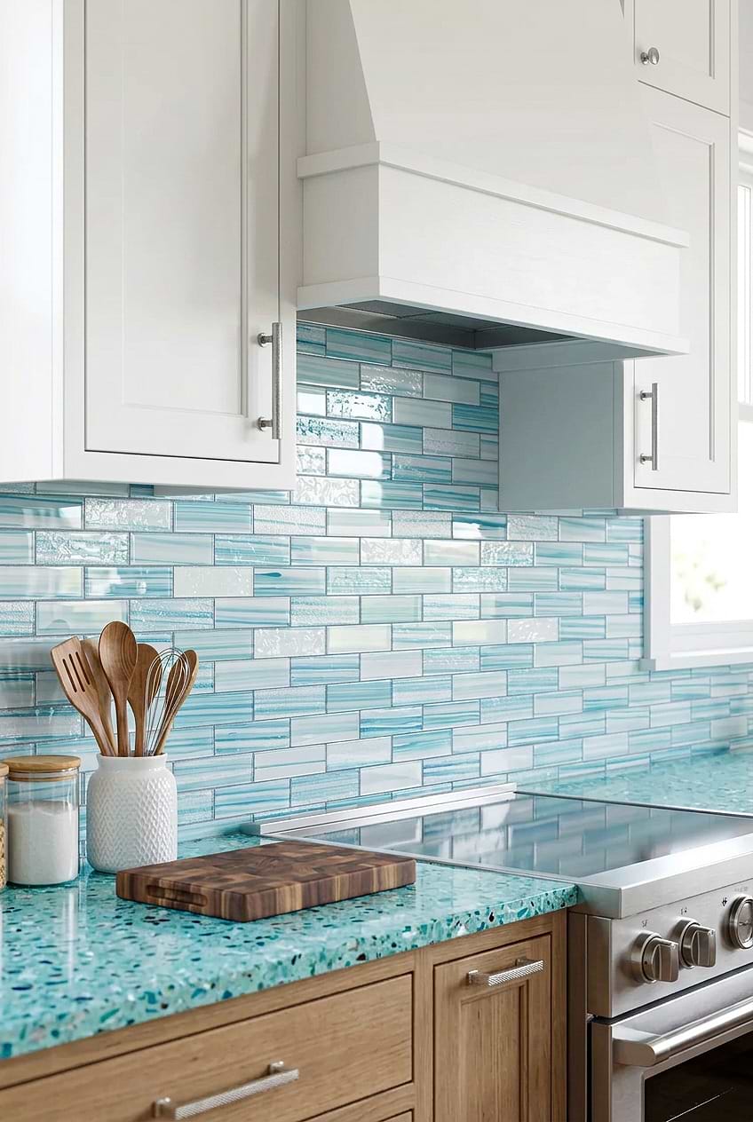 Recycled Glass Countertop Ideas Ocean Wave Blue Glass Tile BA5563