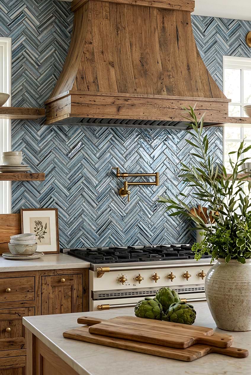 Rustic Blue Glass Herringbone Kitchen BA5525
