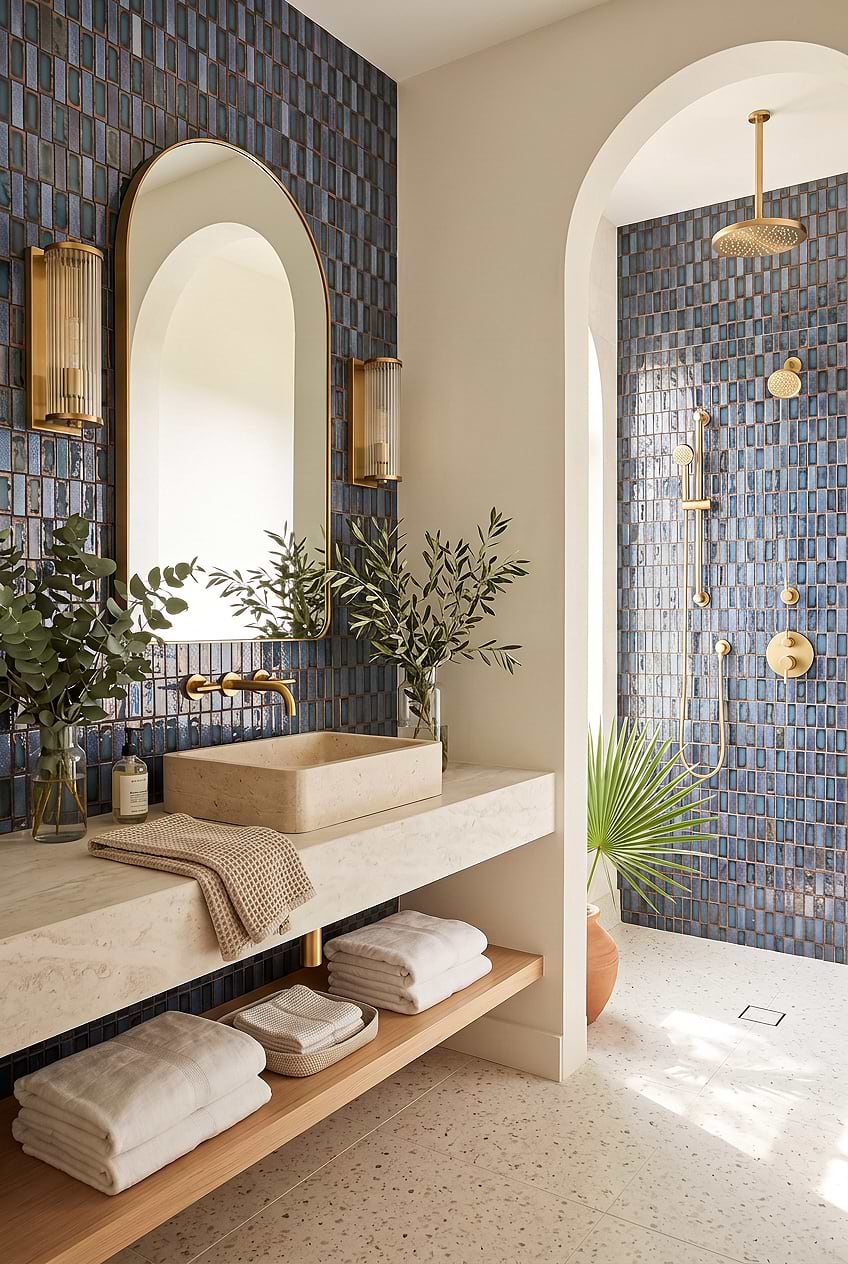 Rustic Blue Glass Vertical Mosaic Bathroom Tile BA6204