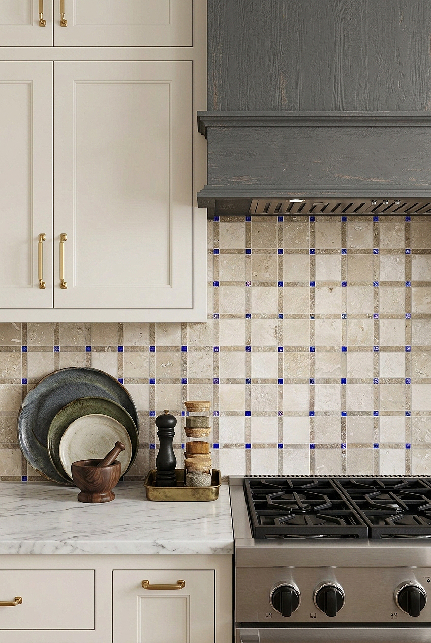Rustic Range Hood with Beige Travertine Blue Glass Mosaic Tile BA1029