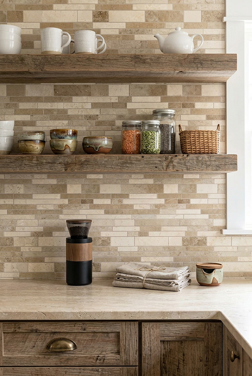 Rustic Travertine Subway Backsplash Wood Shelves BA1024 Rustic Travertine Subway Backsplash Wood Shelves BA1024