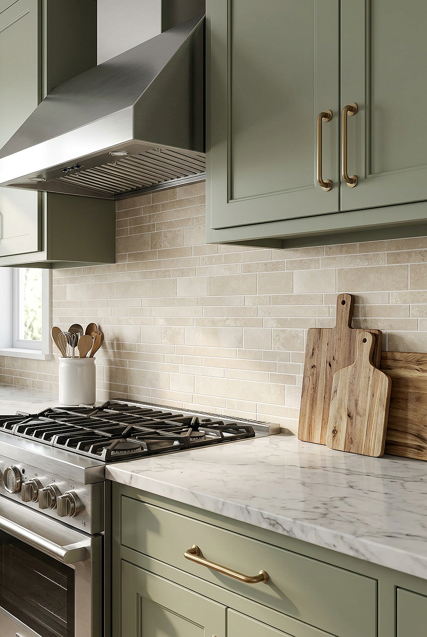 Sage Green Cabinets Ivory Travertine Subway Tile BA1092 Sage Green Cabinets Ivory Travertine Subway Tile BA1092