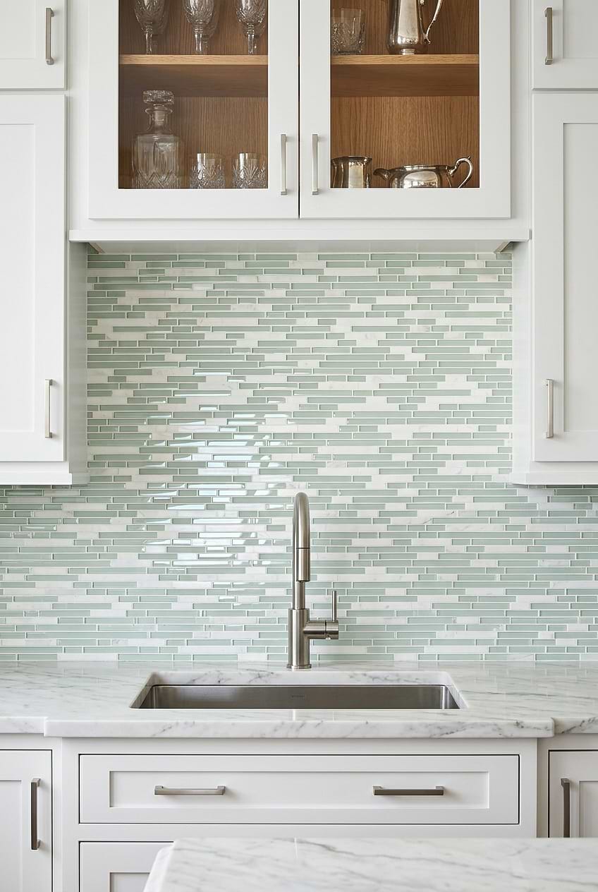 Sea Green Glass Marble Linear Mosaic Backsplash Tile BA1205