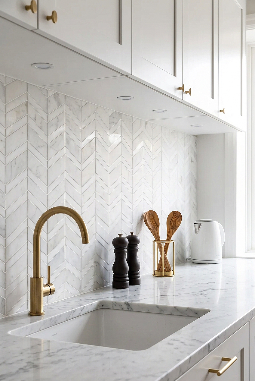 Shaker Cabinets with White Gray Gold Chevron Marble Tile BA6311