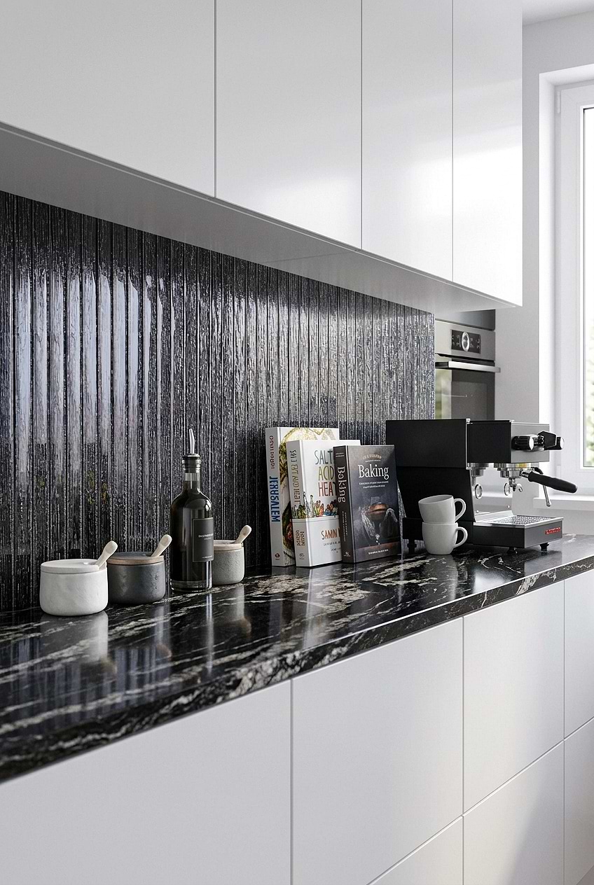 Shimmery Black Glass Vertical Modern Backsplash Tile BA8021