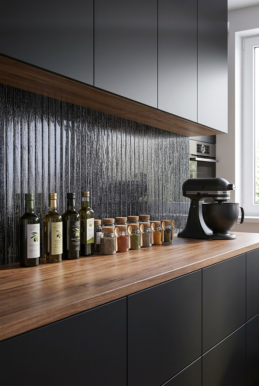 Shimmery Black Glass Vertical Mosaic Backsplash BA8021