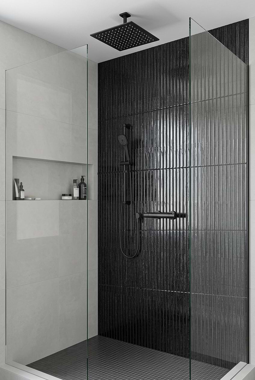 Shimmery Black Glass Vertical Shower Tile BA8021