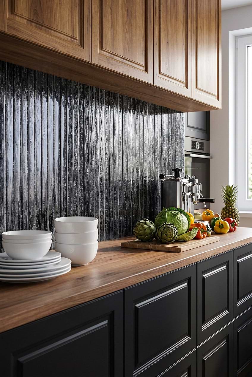 Shimmery Black Textured Glass Kitchen Backsplash BA8021