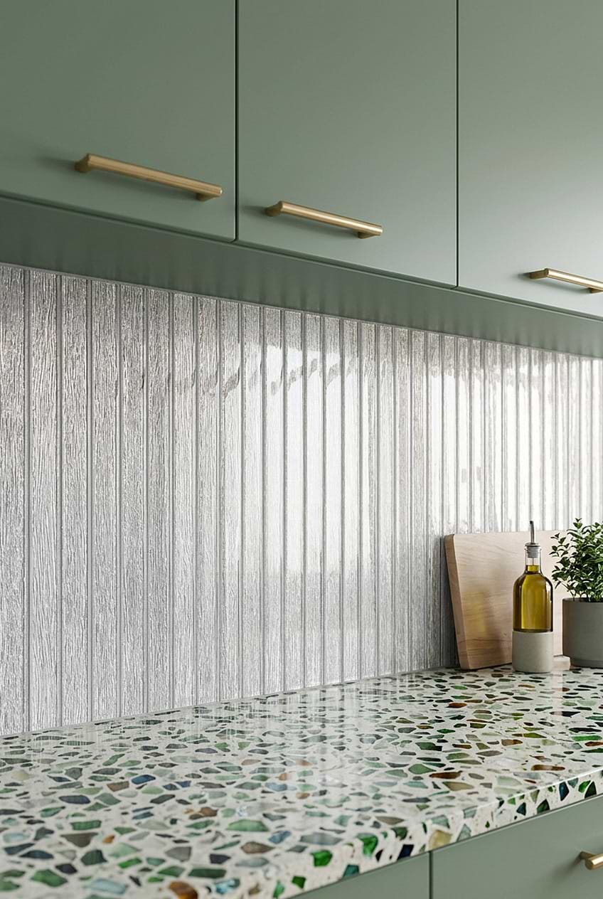 Shimmery White Glass Vertical Backsplash BA8022