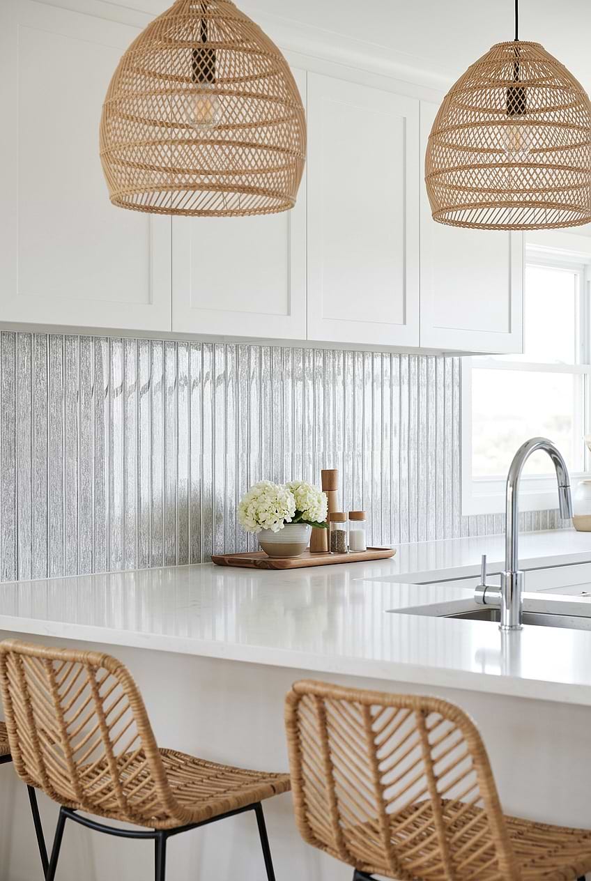 Shimmery White Glass Vertical Kitchen Backsplash BA8022