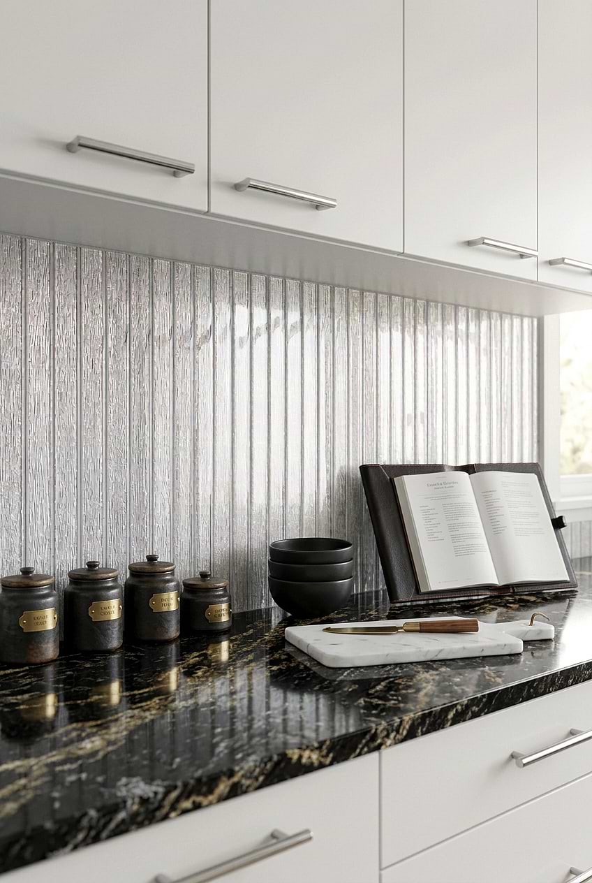 Shimmery White Glass Vertical Modern Backsplash BA8022