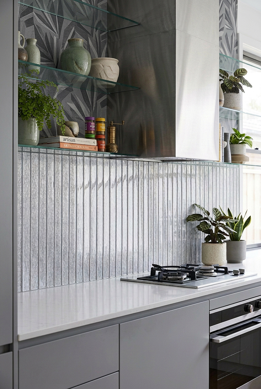 Shimmery White Glass Vertical Modern Backsplash Tile BA8022