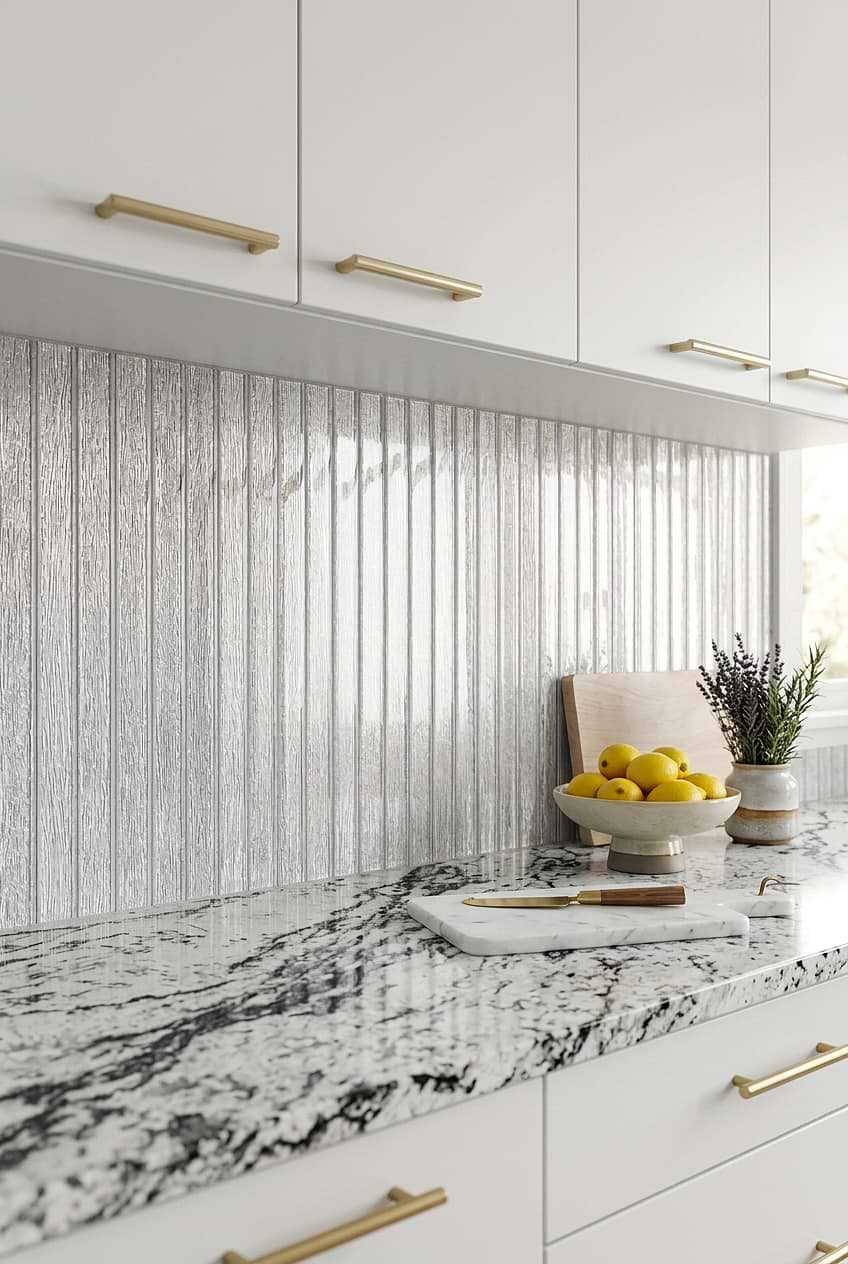 Shimmery White Silver Vertical Glass Backsplash BA8022