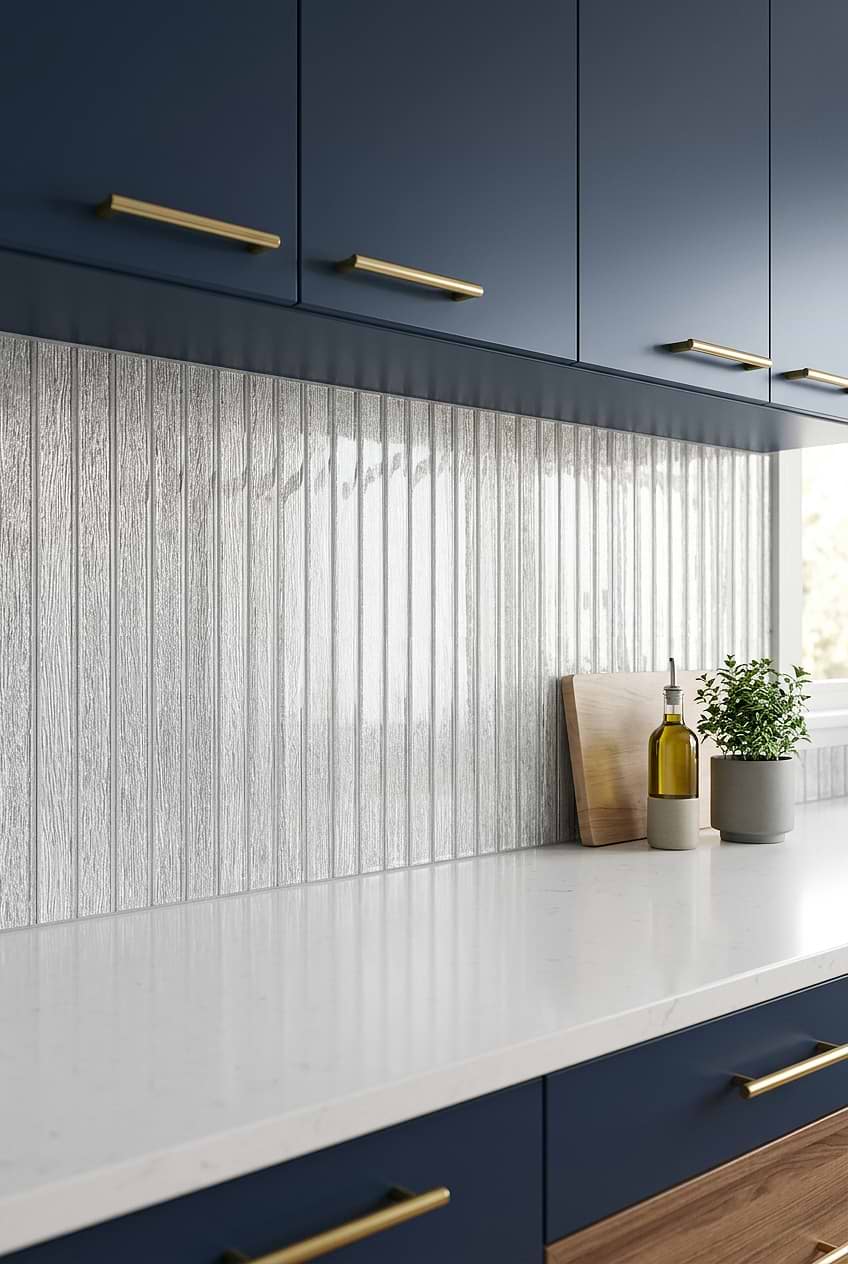 Shimmery White Vertical Glass Backsplash BA8022
