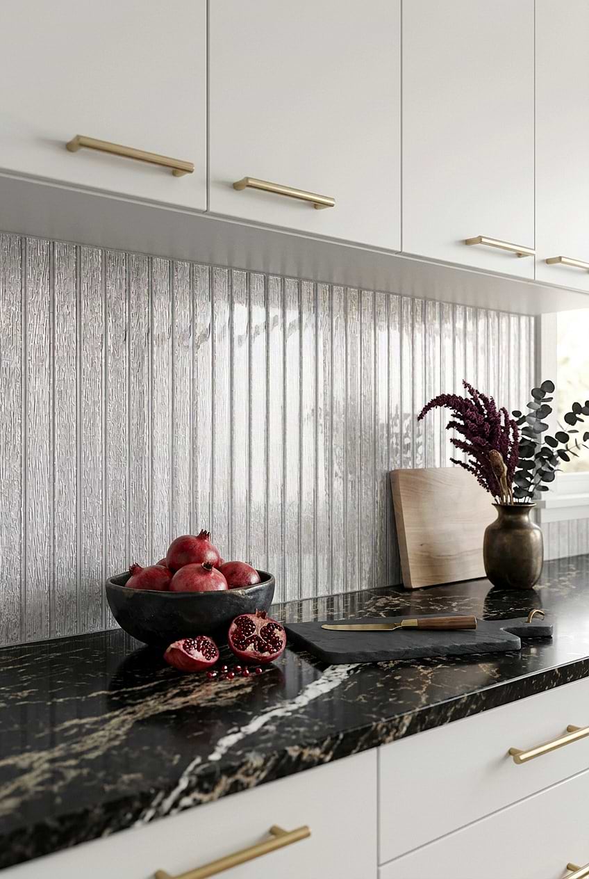Silver White Textured Vertical Glass Backsplash Tile BA8022